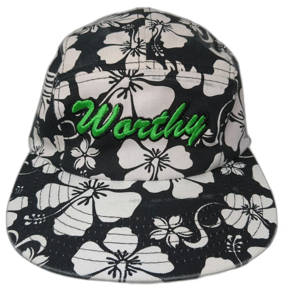Decky 5 Panel Black White Floral Hibiscus One Size Worthy Strapback Flat Hat